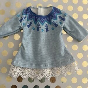 Blue Patterned doll Top with Lace Trim